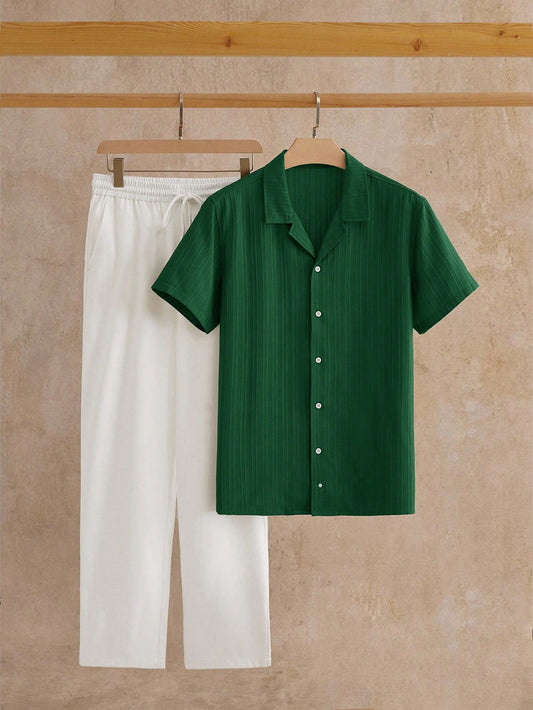 Ensemble Décontracté Chic – Chemise Col Cubain & Pantalon Tissé