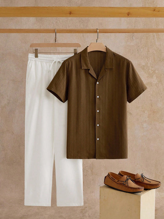 Ensemble Décontracté Chic – Chemise Col Cubain & Pantalon Tissé